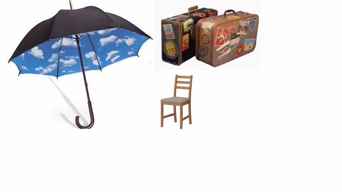 Superstición silla, paraguas, maletas
