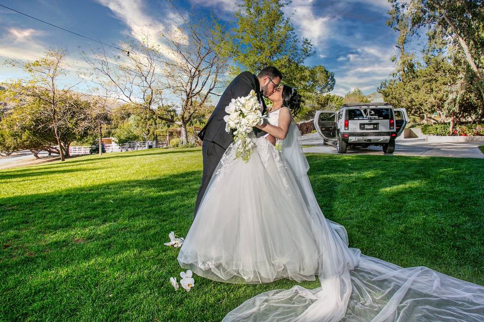 Novios besándose en un jardín