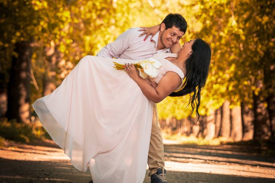 Novios posando en medio del parque