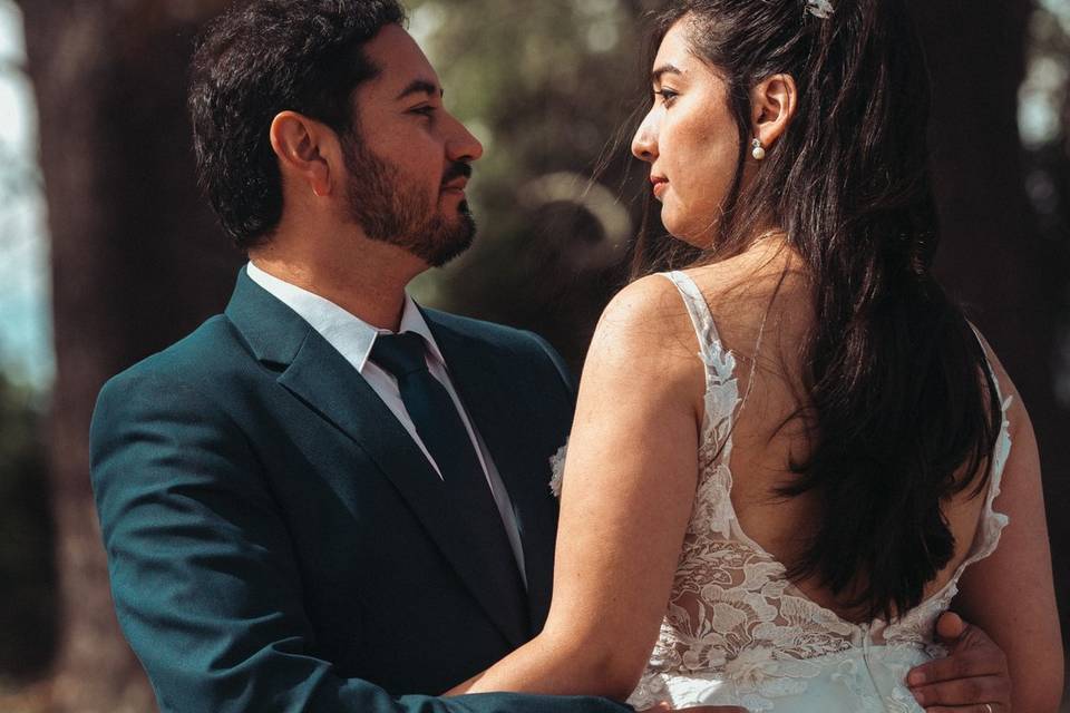 Novios tomados de la cintura