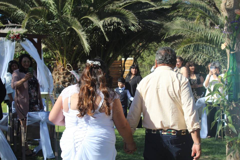 Novia caminando por el jardín de la mano de su papá