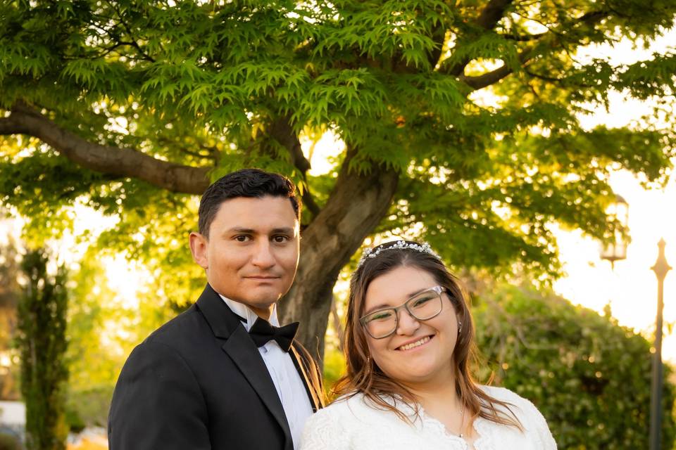 Novios posando en el jardín