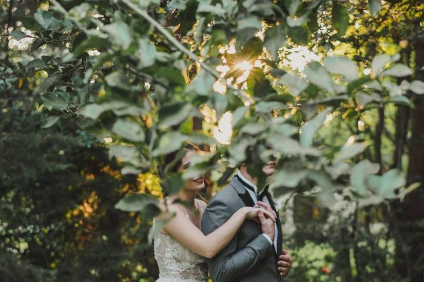 Pareja en el jardín detrás de un árbol