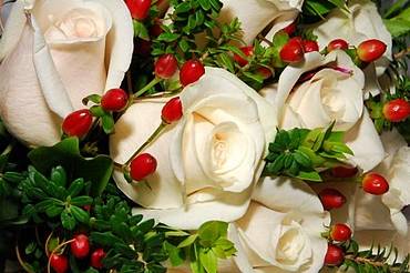 Ramo de rosas blancas con frutos rojos