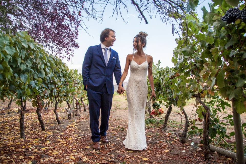 Pareja caminando por un viñedo