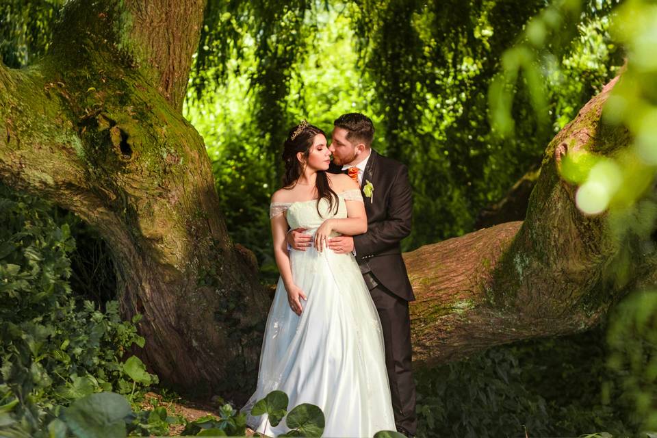 Novios abrazados en el bosque